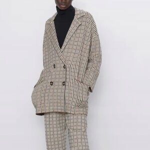ZARA Women Blazer Camel Houndstooth Oversized Coat Double Breasted Jacket Size S